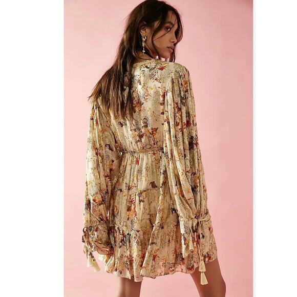 New Free People Rococco Sands Cara Mini Dress $383 SMALL Ivory Tiered Metallic - Picture 3 of 8